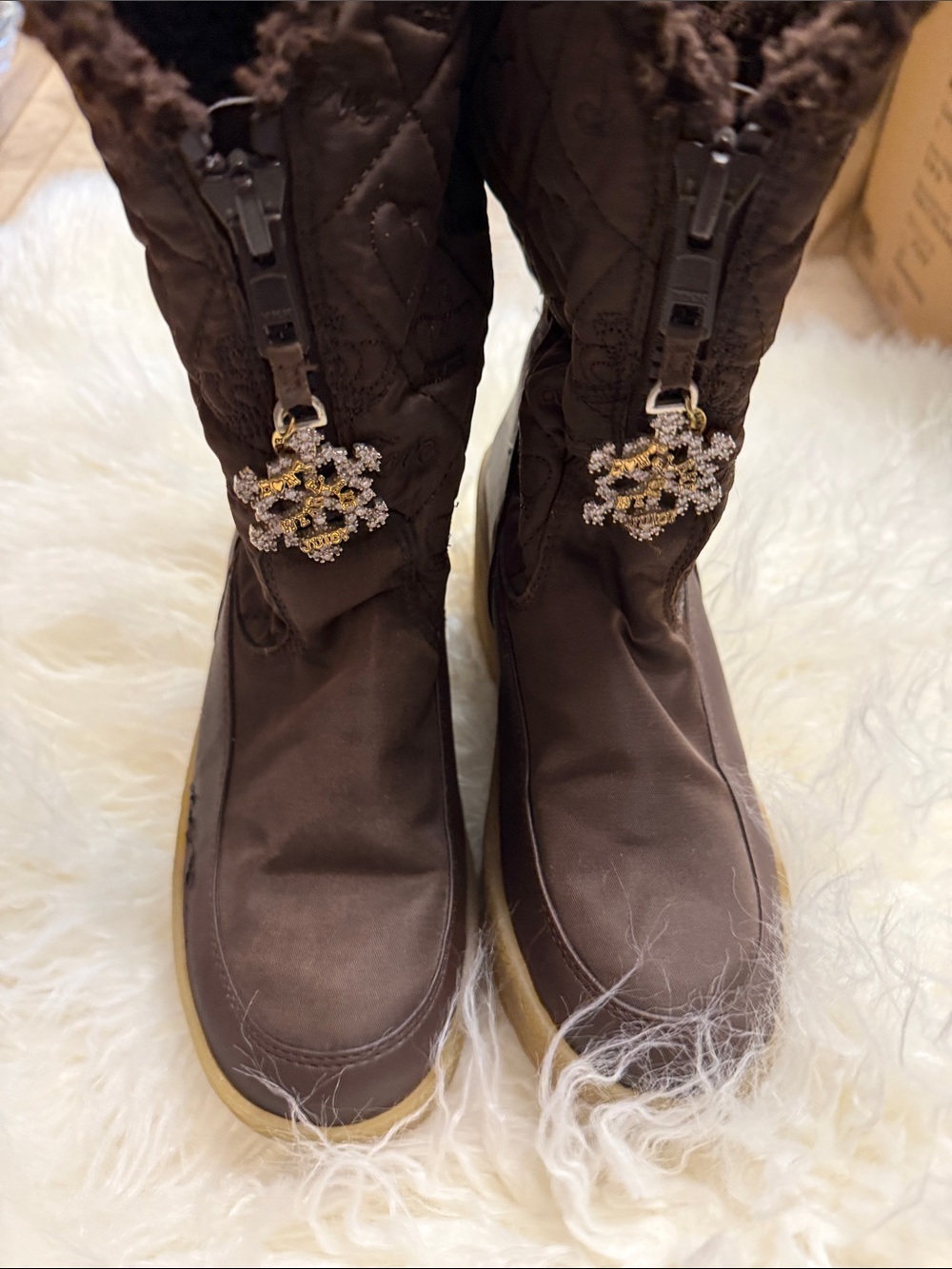 Juicy Couture Brown Quilted Winter Boots with Crystal Logo Charm